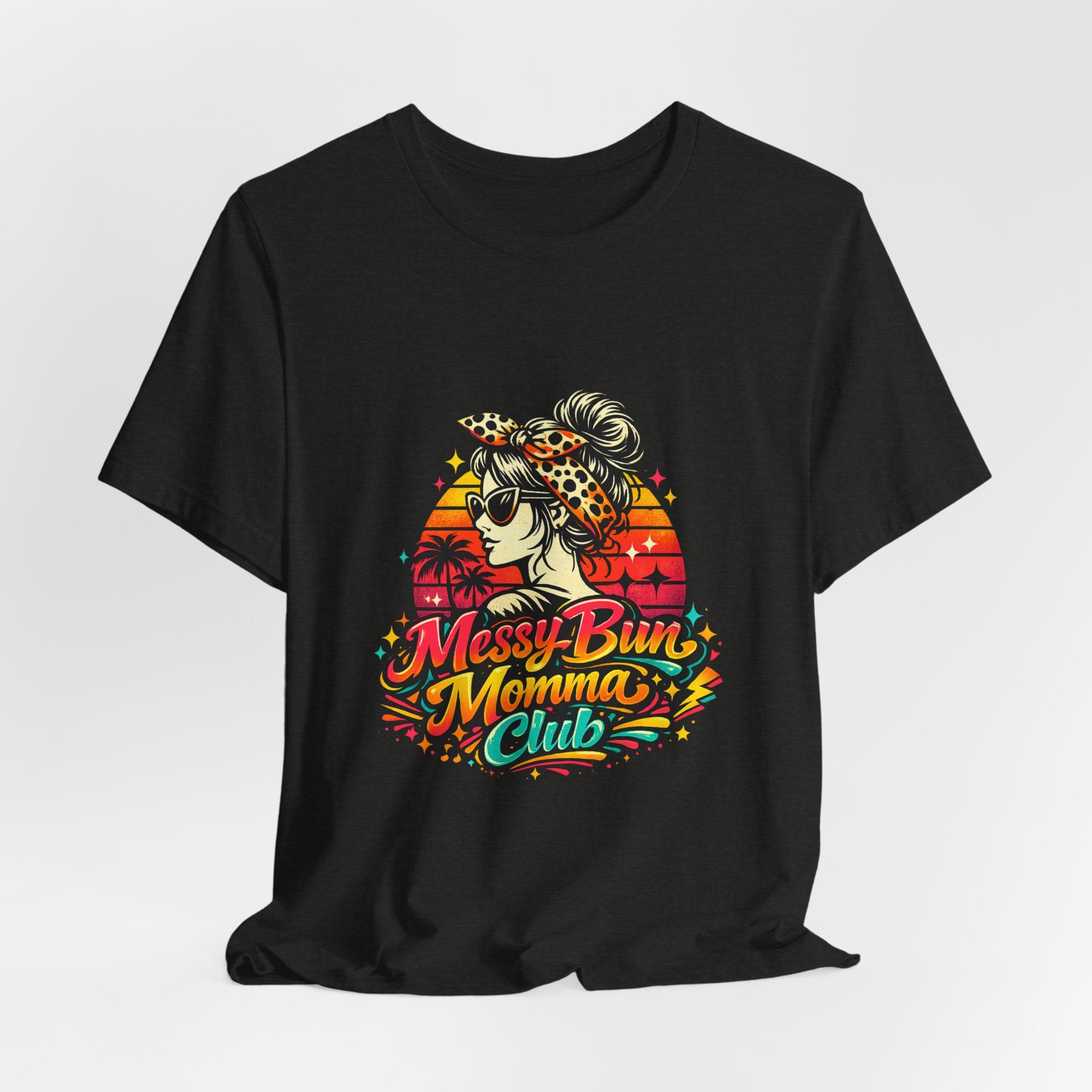 Messy Bun Momma Club Tee | Retro Sunset Mom Hair Graphic