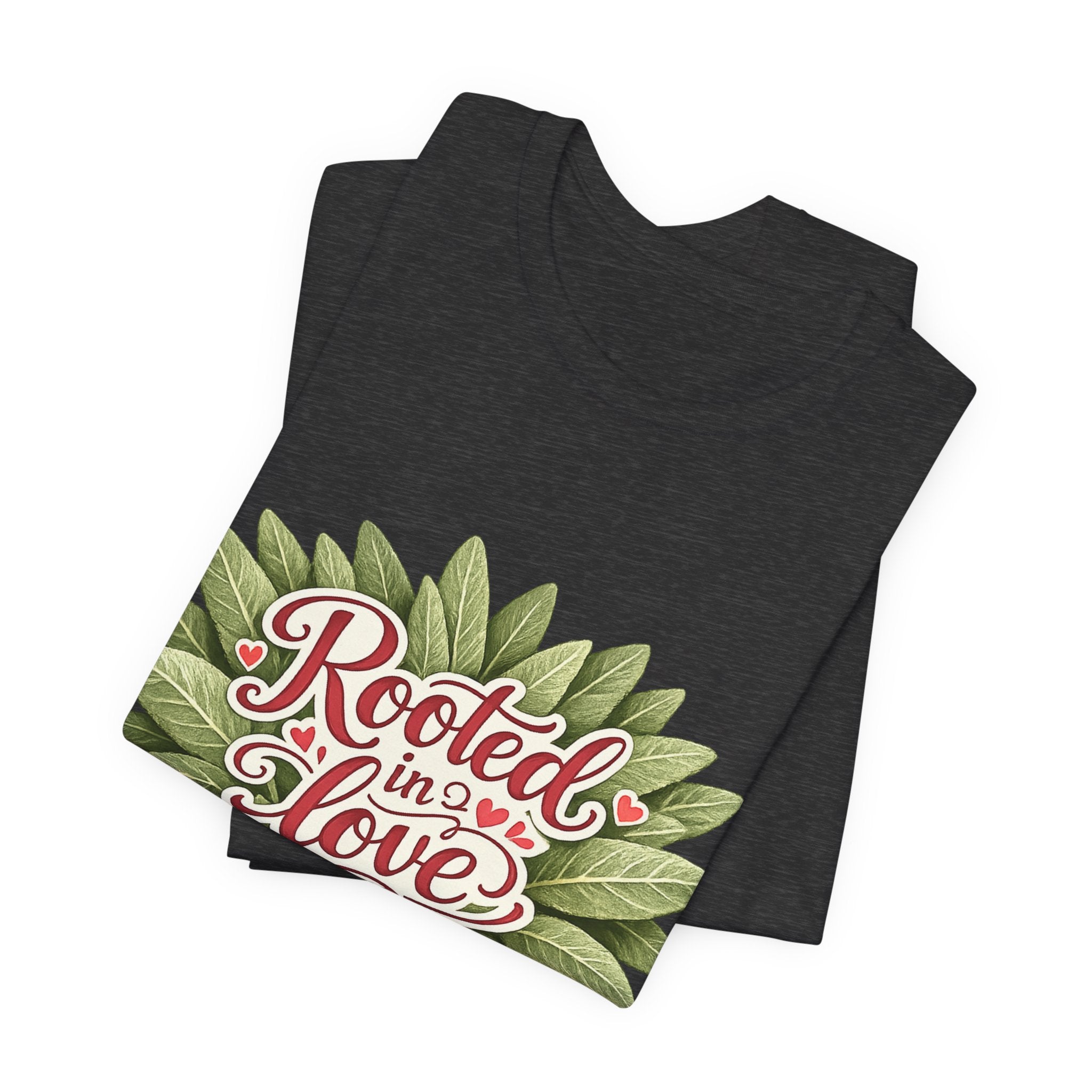 Rooted in Love mushroom family T-Shirt | botanical heart lettering